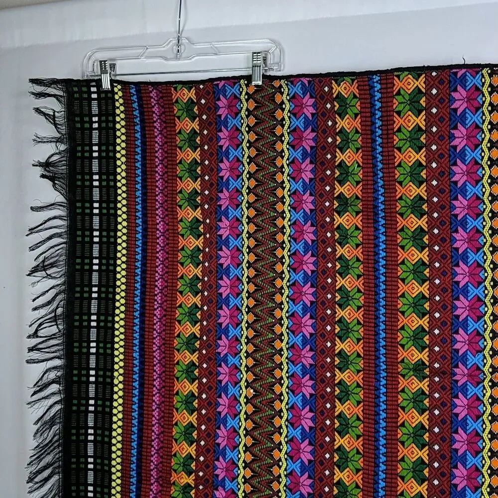 Indigenous Blanket Shawl Multicolor Floral 35 x 48 in Fringe Wall Hanging